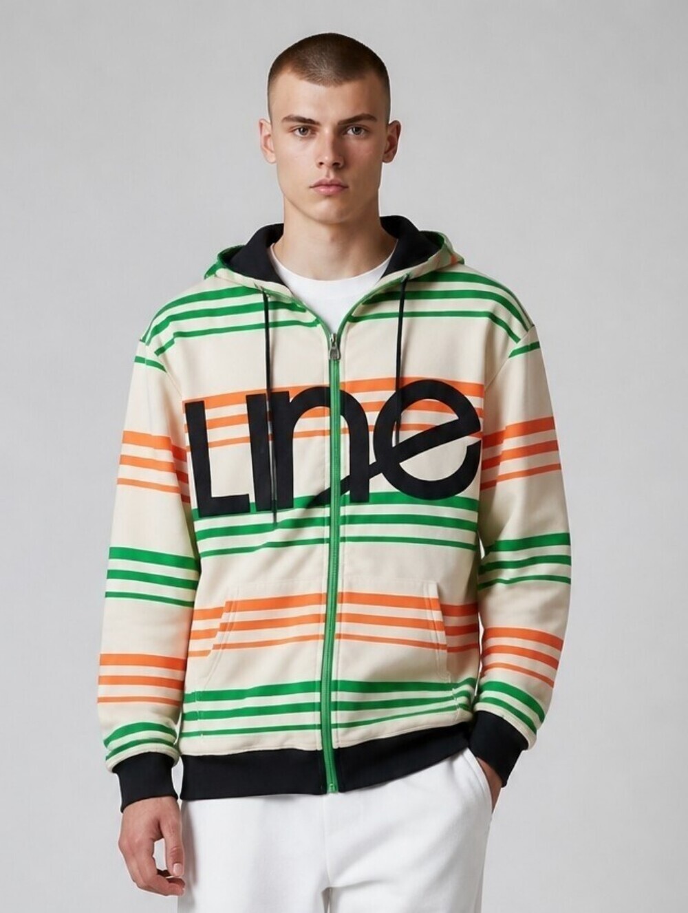LINE Skis Full Zip Hoodie Jacket Green Orange Stripe Small Ski Snowboard